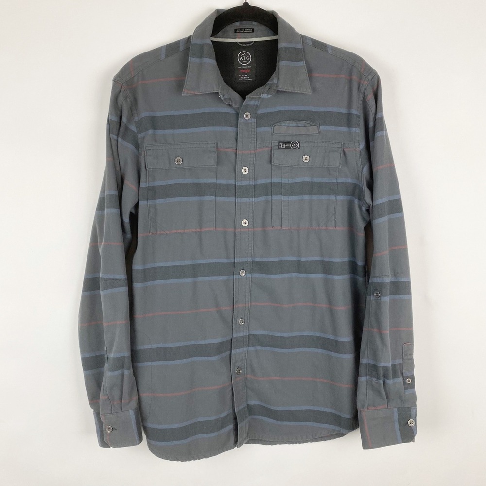 Wrangler ATG Shirt Mens Medium Gray Striped Flannel Button Down Organic Cotton
